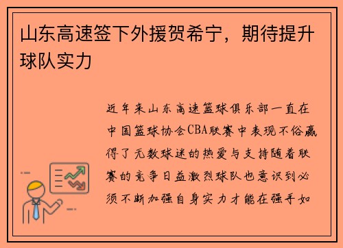 山东高速签下外援贺希宁，期待提升球队实力